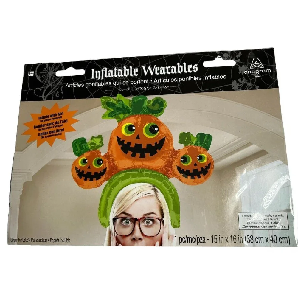 Inflatable Halloween Triple Pumpkin Headband Hat Unisex Costume Fall Festival